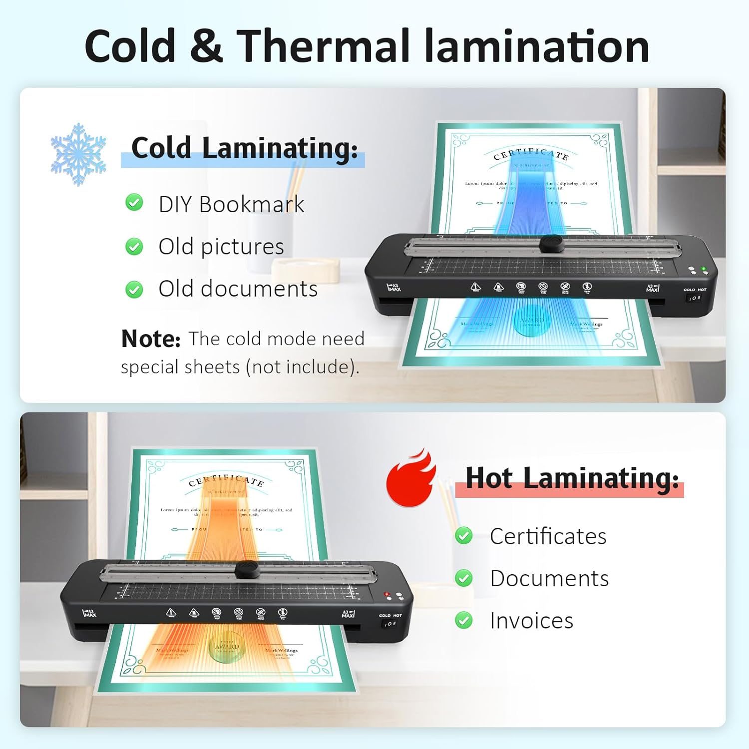 Raycial 13 Inch Laminator Machine - A3 Hot and Cold Laminating Machine

Raycial Laminator Machine Set with 50 Laminating Sheets, Paper Cutter and Corner Rounder

Raycial 11x17 A3 Laminator Machine for Classroom and Home Office Use

Raycial Laminator ABS Jam Release Button for Easy Paper Jam Removal

Raycial Laminator Built-In Paper Cutter for A3 A4 A5 A6 Pouches

Raycial Corner Rounder Tool for Smooth Rounded Laminated Edges

Raycial Thermal Laminating Sheets 50-Pack in A3 A4 A5 A6 Sizes

Raycial Laminator 